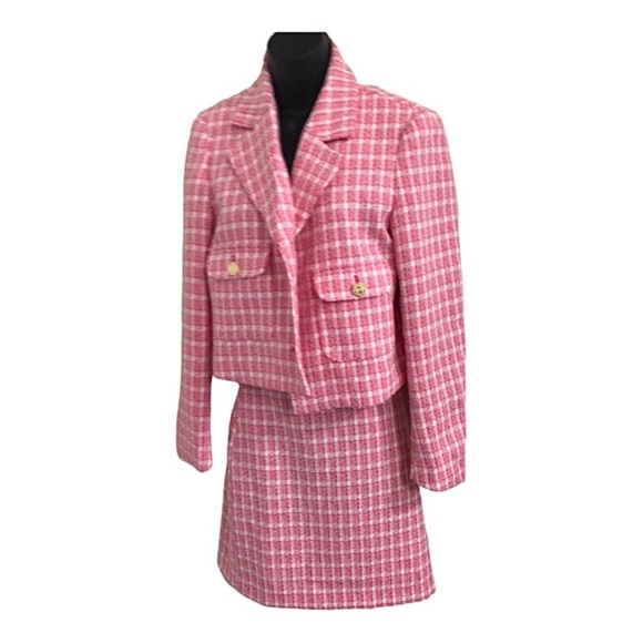 Nine West pink berry crush boucle look gold button jacket skirt suit set size M - Picture 12 of 17